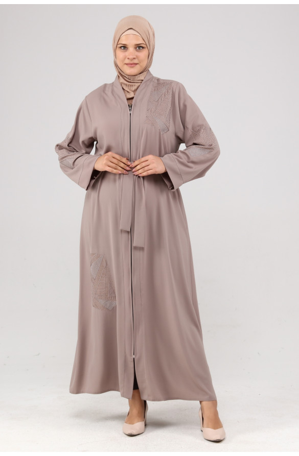 JAMİLA NAKIŞLI TAŞLI YAZLIK FERACE - SÜTLÜ KAHVE