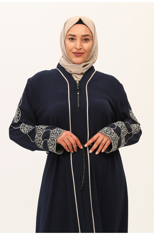 BÜYÜK BEDEN NAKIŞLI VE TAŞLI KREP KUMAŞ KADIN BÜYUK BEDEN FERACE - LACİVERT