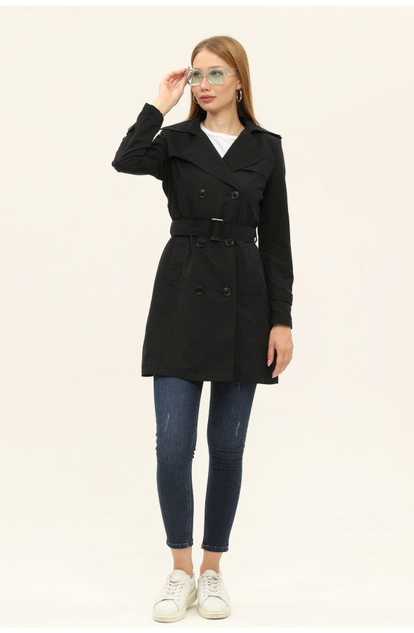 1. SINIF PAMUKLU GABARDİN ASTARSIZ KISA YAZLIK KADIN TRENÇKOT - SİYAH