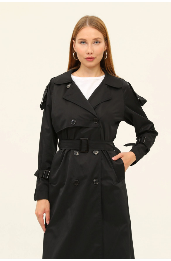 1. SINIF PAMUKLU GABARDİN ASTARSIZ YAZLIK KADIN TRENÇKOT - SİYAH