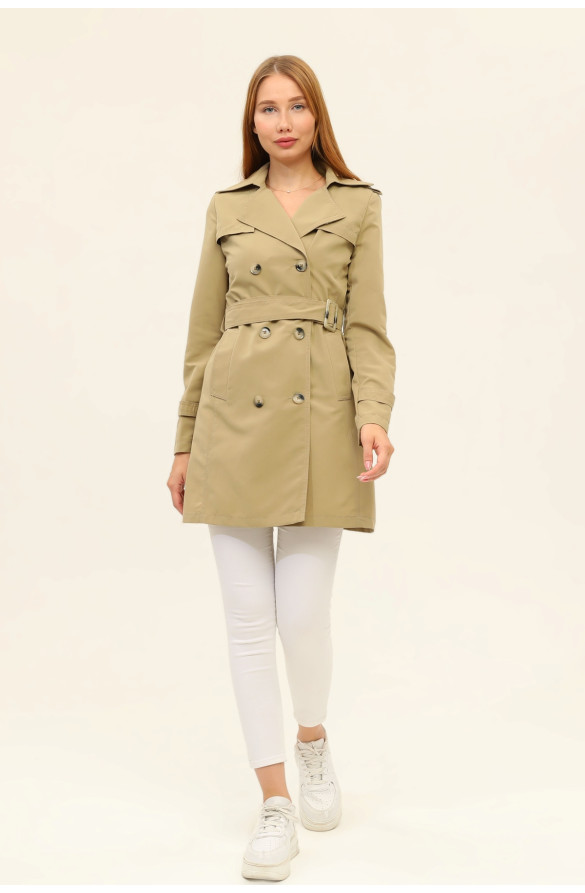 1. SINIF PAMUKLU GABARDİN ASTARSIZ KISA YAZLIK KADIN TRENÇKOT - YAĞ YEŞİLİ