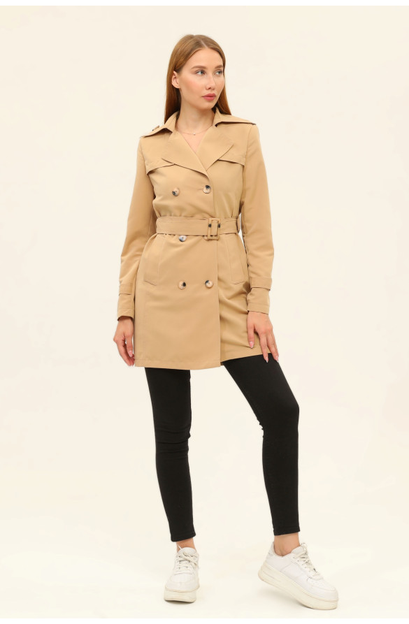 1. SINIF PAMUKLU GABARDİN ASTARSIZ KISA YAZLIK KADIN TRENÇKOT - KAMEL