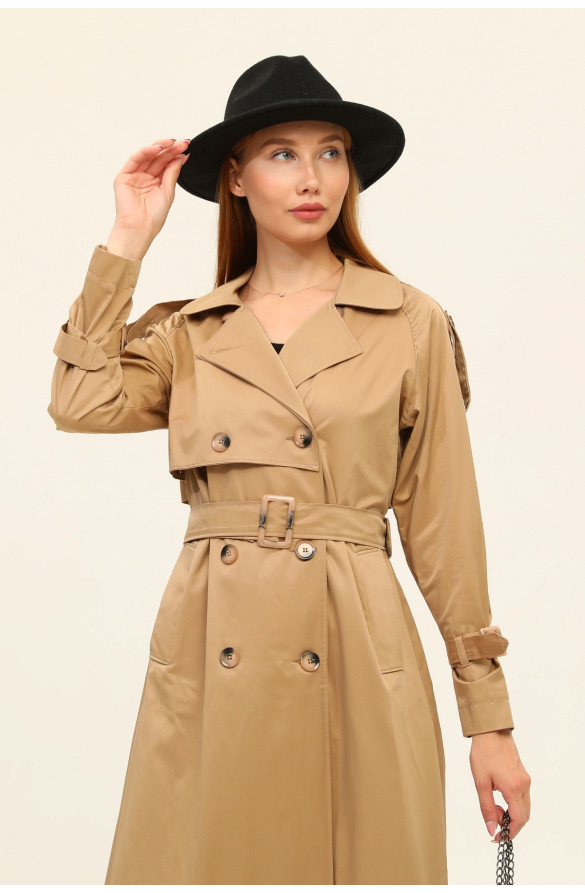 1. SINIF PAMUKLU GABARDİN ASTARSIZ YAZLIK KADIN TRENÇKOT - KAMEL