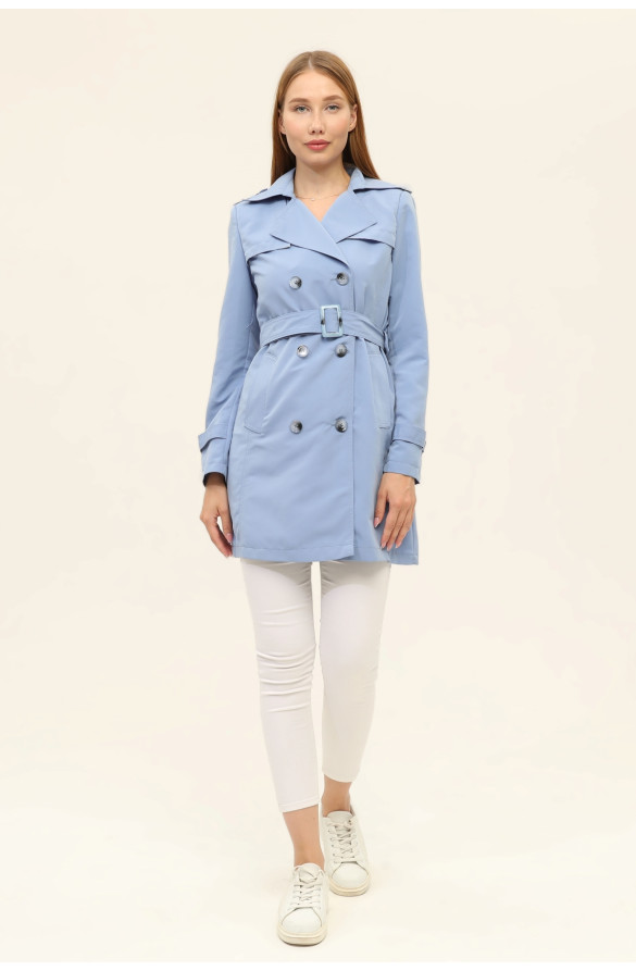 1. SINIF PAMUKLU GABARDİN ASTARSIZ KISA YAZLIK KADIN TRENÇKOT - BULUT MAVİSİ