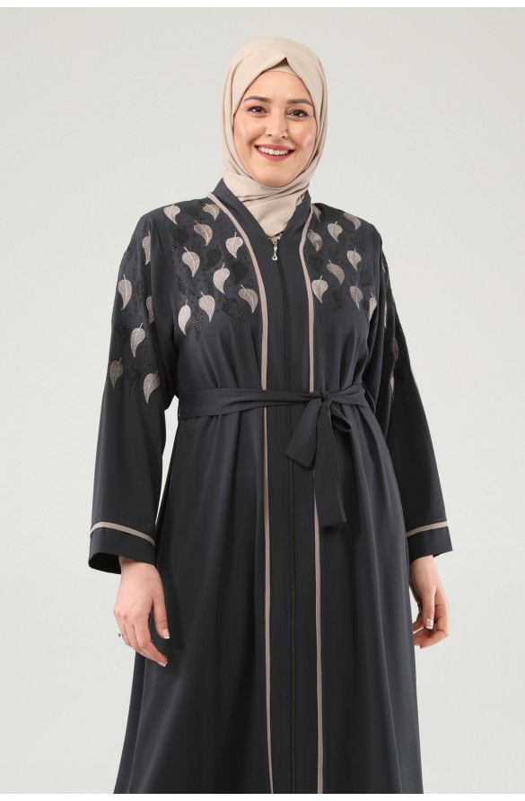 Jamila Yaprak Desenli Nakışlı Taşlı Kadın Ferace - ANTRİASİT