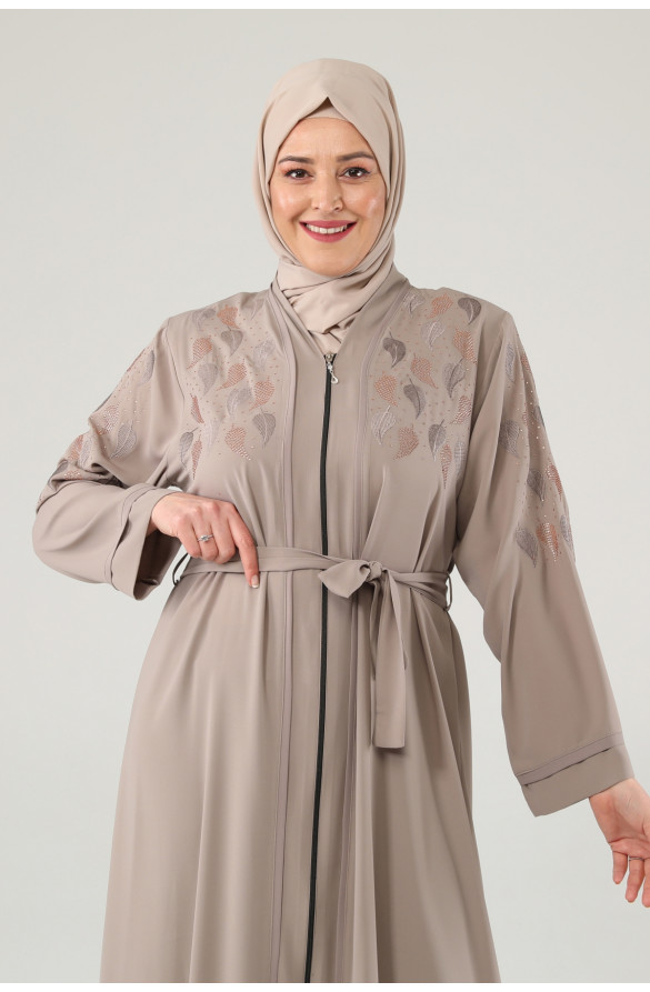 Jamila Yaprak Desenli Nakışlı Taşlı Kadın Ferace - BEJ