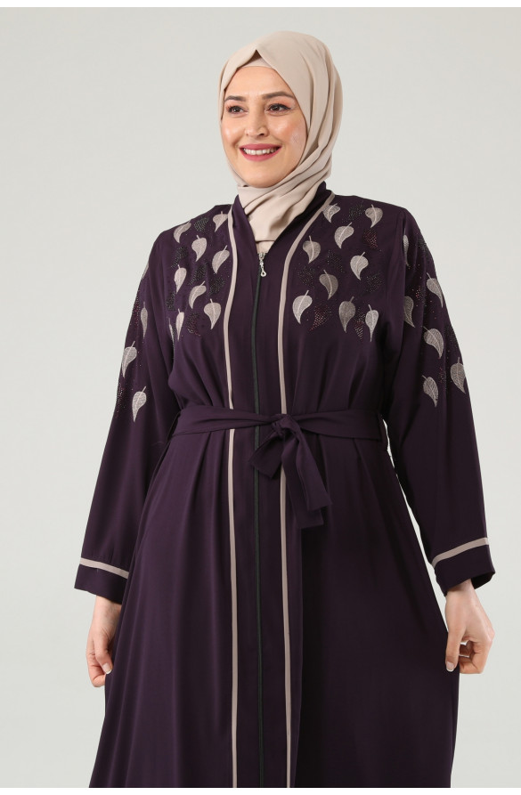 Jamila Yaprak Desenli Nakışlı Taşlı Kadın Ferace - MÜRDÜM