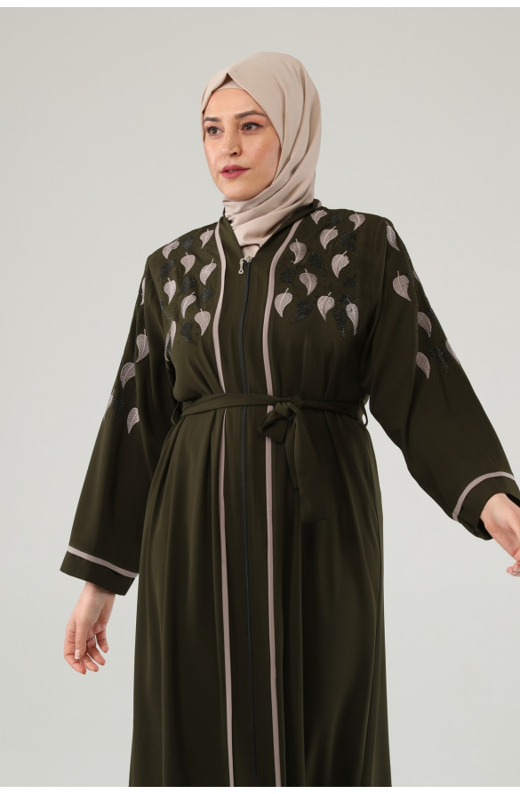 Jamila Yaprak Desenli Nakışlı Taşlı Kadın Ferace - HÂKÎ