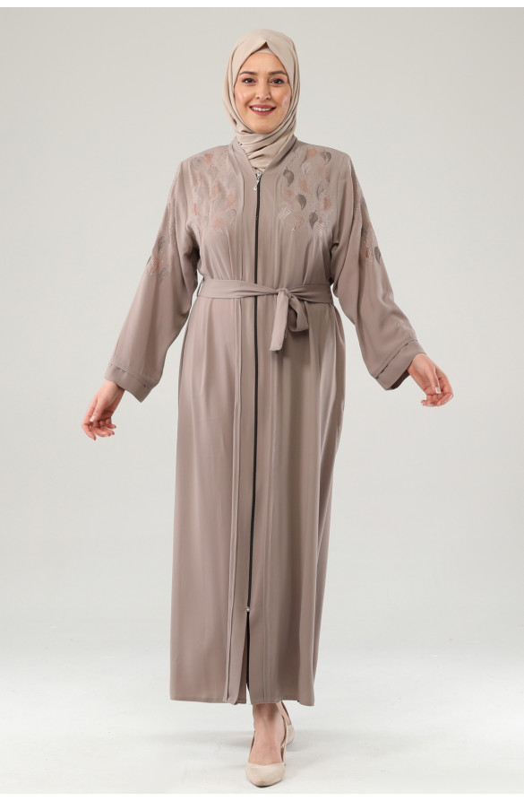 Jamila Yaprak Desenli Nakışlı Taşlı Kadın Ferace - SÜTLÜ KAHVE