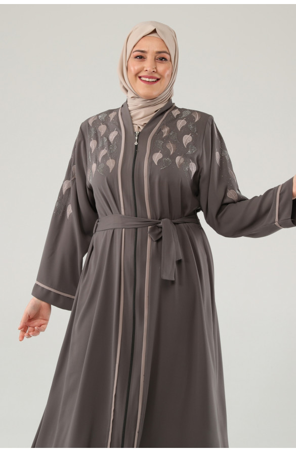 Jamila Yaprak Desenli Nakışlı Taşlı Kadın Ferace - VİZON