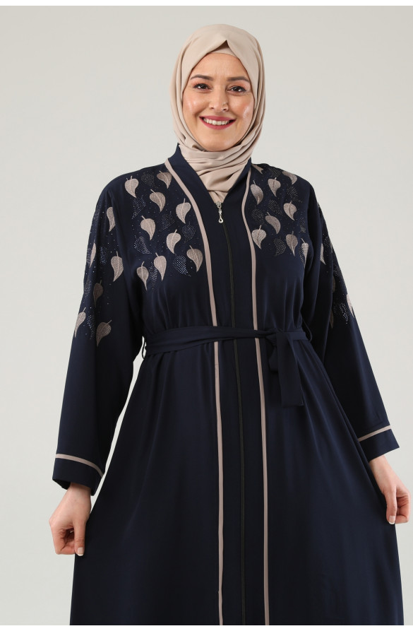 Jamila Yaprak Desenli Nakışlı Taşlı Kadın Ferace - LACİVERT