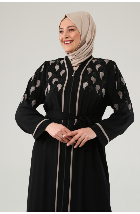 Jamila Yaprak Desenli Nakışlı Taşlı Kadın Ferace - SİYAH