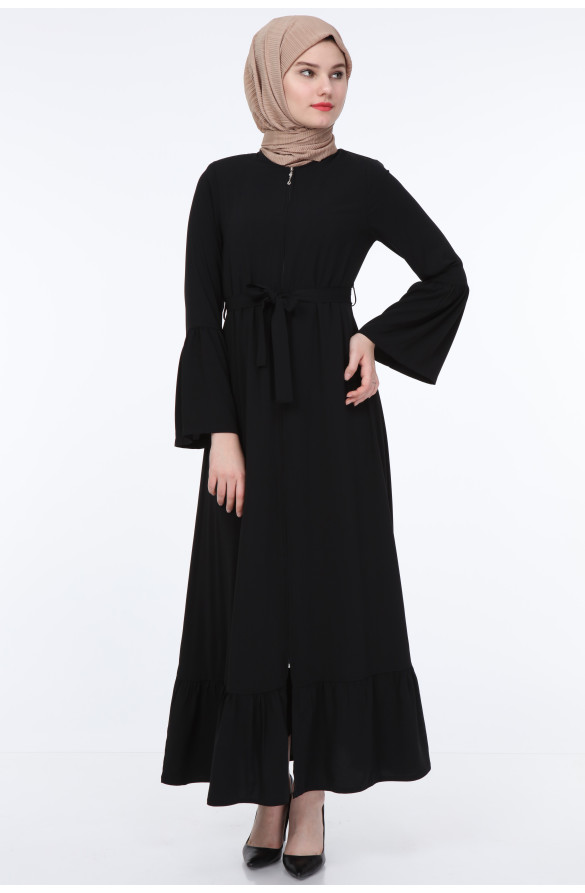 JAMİLA FIRFIR DETAYLI FERMUARLI YAZLIK FERACE - BLACK