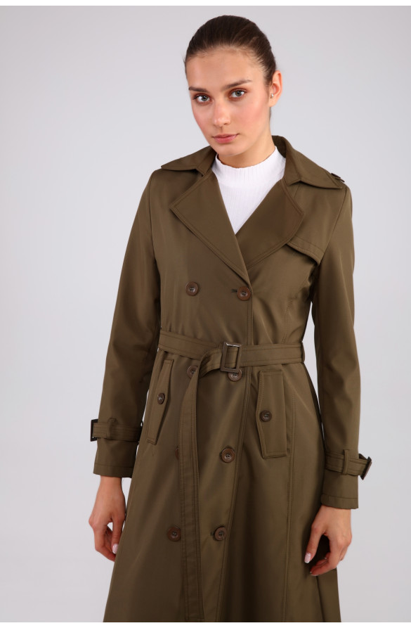 Uzun Büyük Beden Kadın Astarlı Trençkot-Haki