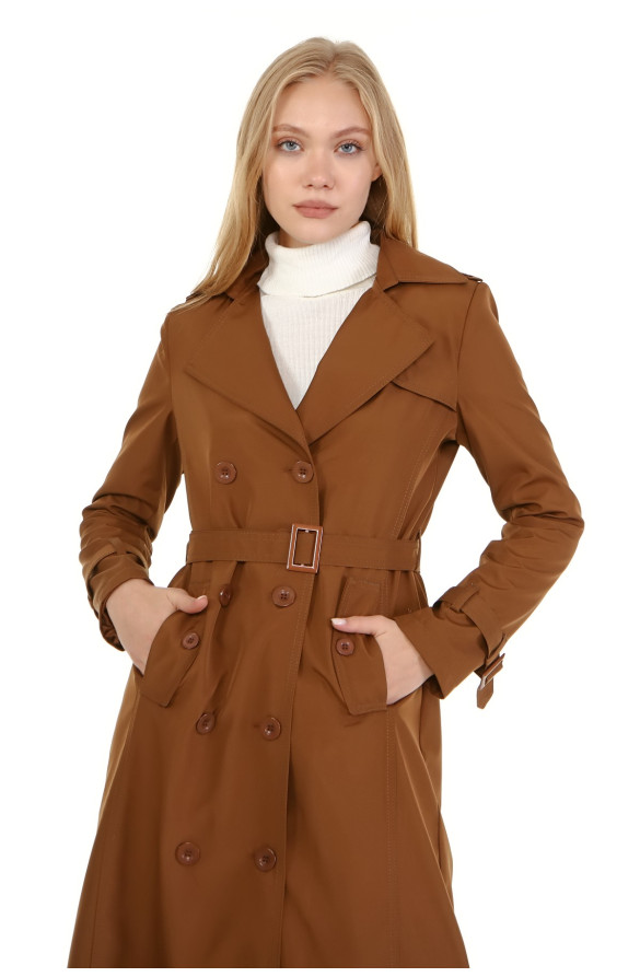 Uzun Büyük Beden Kadın Astarlı Trençkot-Taba