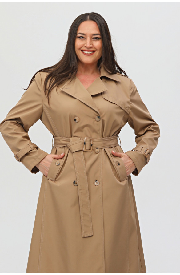 Uzun Büyük Beden Kadın Astarlı Trençkot-Vizon