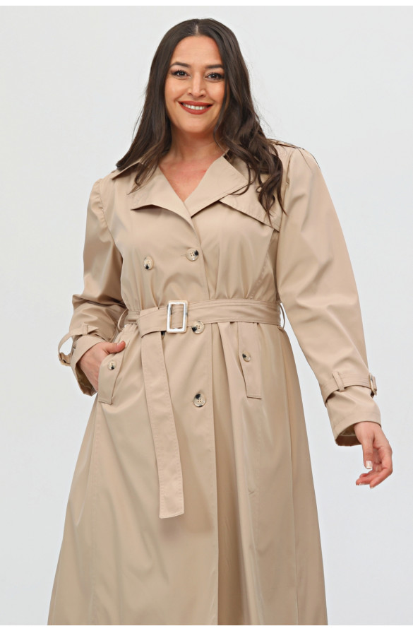  Uzun Büyük Beden Kadın Astarlı Trençkot-Bej