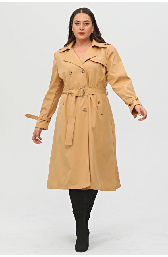 Uzun Büyük Beden Kadın Astarlı Trençkot-Kamel