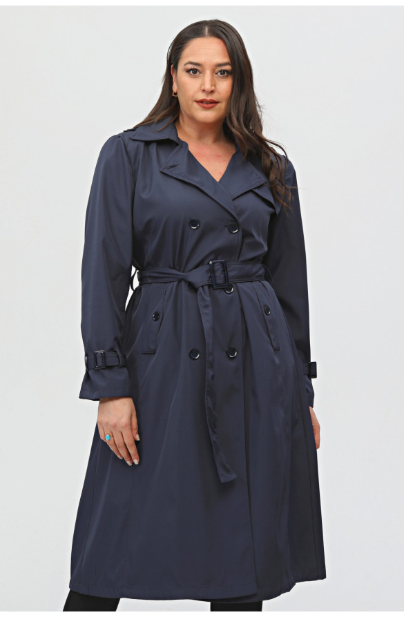 Uzun Büyük Beden Kadın Astarlı Trençkot-Lacivert