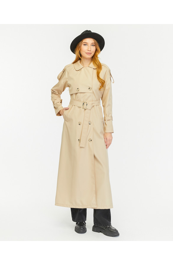  Reglan Kol Mevsimlik Astarlı Tam Boy Kadın Trençkot - Bej