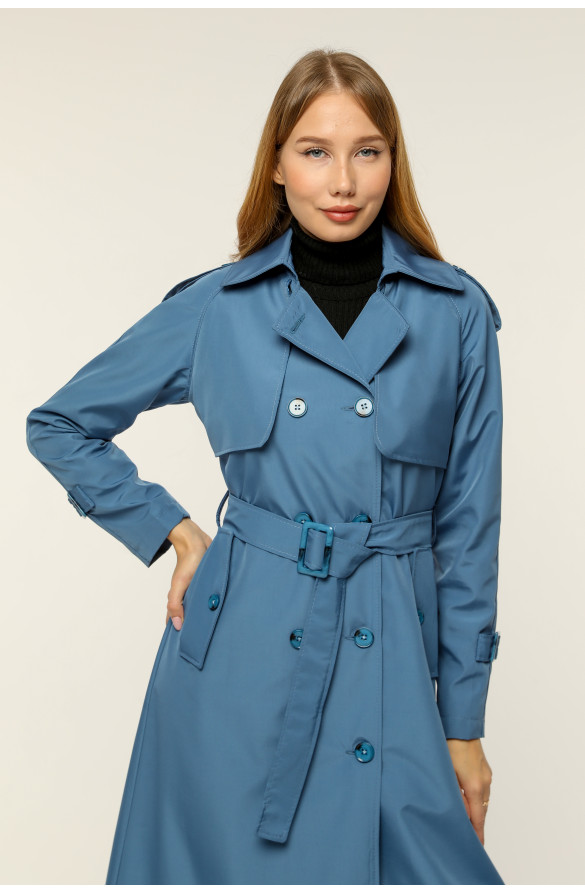 Çift Cepkenli Mevsimlik Bondit Kumaş uzun Kadın Trençkot-Bulut Mavi 