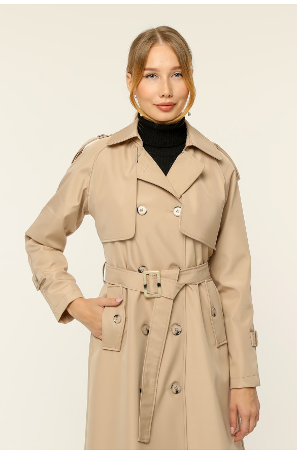 Çift Cepkenli Mevsimlik Bondit Kumaş uzun Kadın Trençkot-Bej