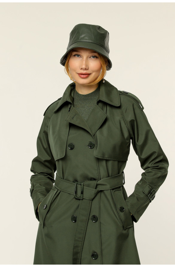 Çift Cepkenli Mevsimlik Bondit Kumaş uzun Kadın Trençkot-Haki