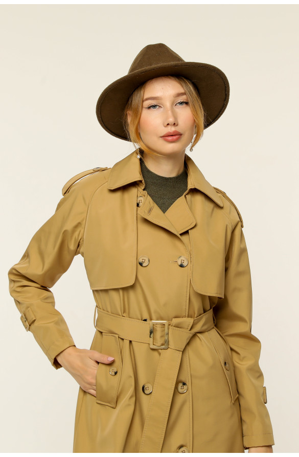 Çift Cepkenli Mevsimlik Bondit Kumaş uzun Kadın Trençkot-Kamel 