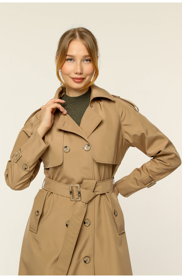 Çift Cepkenli Mevsimlik Bondit Kumaş uzun Kadın Trençkot-Vizon