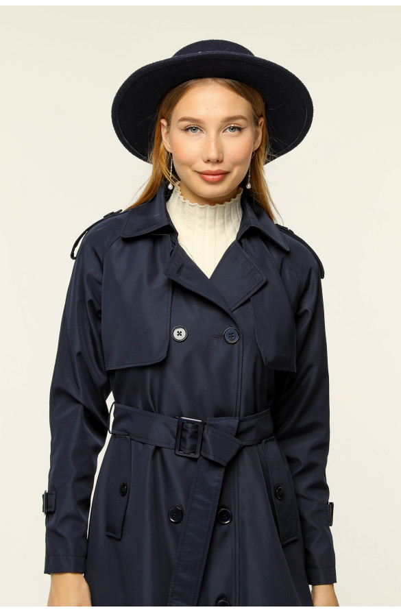 Çift Cepkenli Mevsimlik Bondit Kumaş uzun Kadın Trençkot-Lacivert