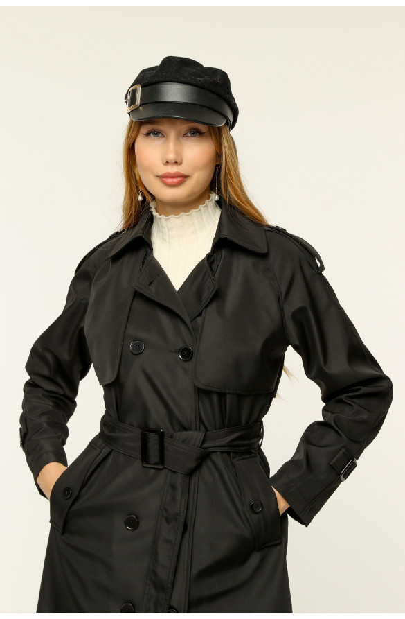 Çift Cepkenli Mevsimlik Bondit Kumaş uzun Kadın Trençkot-Siyah