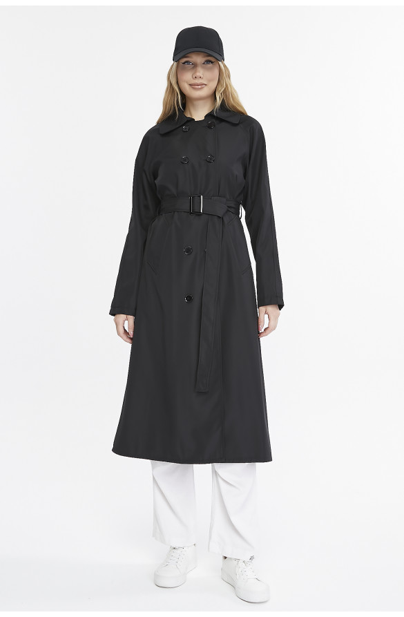 Uzun Boy Kemerli Astarlı Kadın Trençkot - Siyah