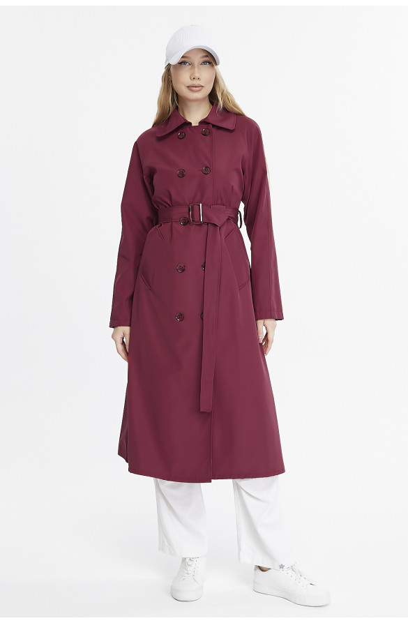  Uzun Boy Kemerli Astarlı Kadın Trençkot - Bordo