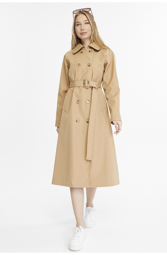  Uzun Boy Kemerli Astarlı Kadın Trençkot - Kamel