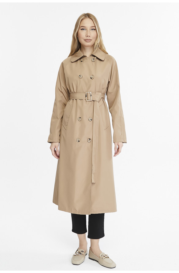 Uzun Boy Kemerli Astarlı Kadın Trençkot - Vizon