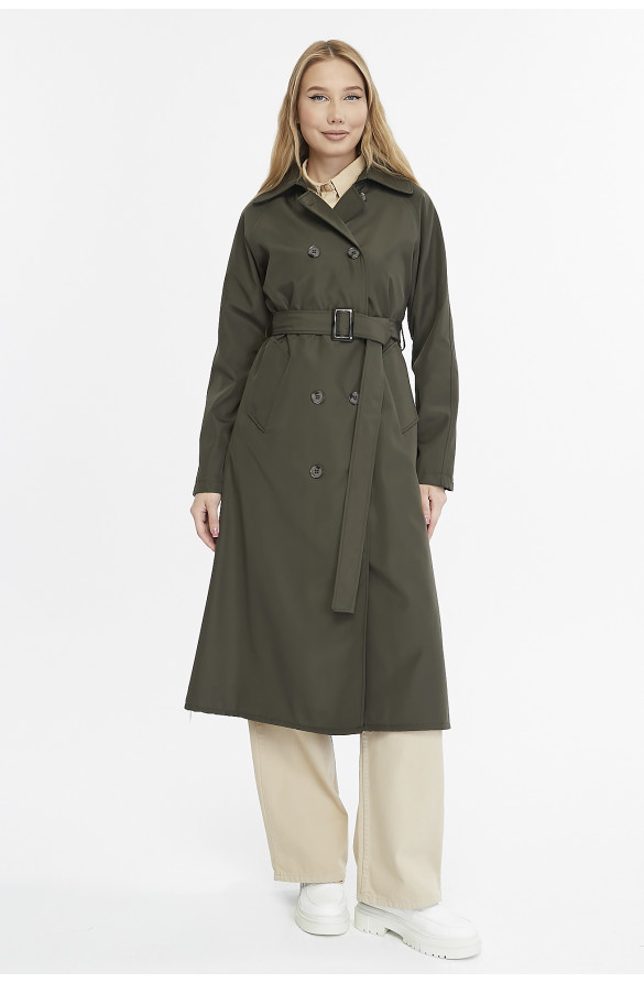 Uzun Boy Kemerli Astarlı Kadın Trençkot - Haki