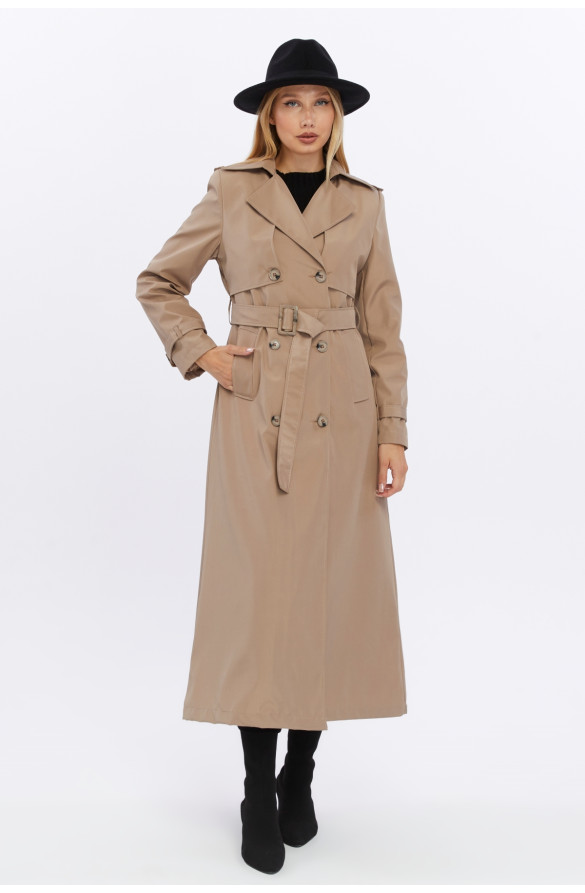 Çift Kapaklı Uzun Boy Kadın Trençkot - Vizon