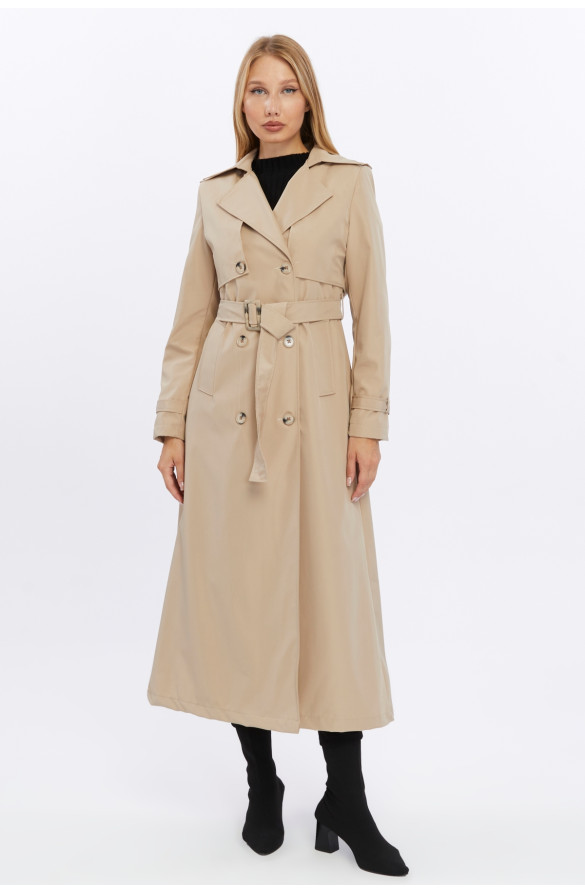 Çift Kapaklı Uzun Boy Kadın Trençkot - Bej
