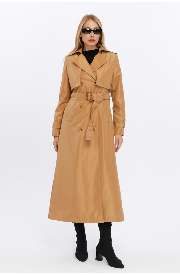 Çift Kapaklı Uzun Boy Kadın Trençkot - Kamel