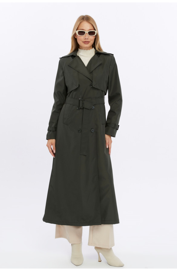 Çift Kapaklı Uzun Boy Kadın Trençkot - Haki
