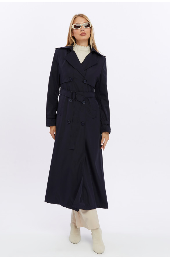 Çift Kapaklı Uzun Boy Kadın Trençkot - Lacivert
