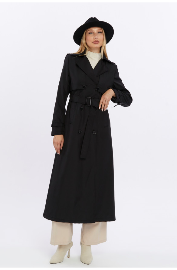 Çift Kapaklı Uzun Boy Kadın Trençkot - Siyah