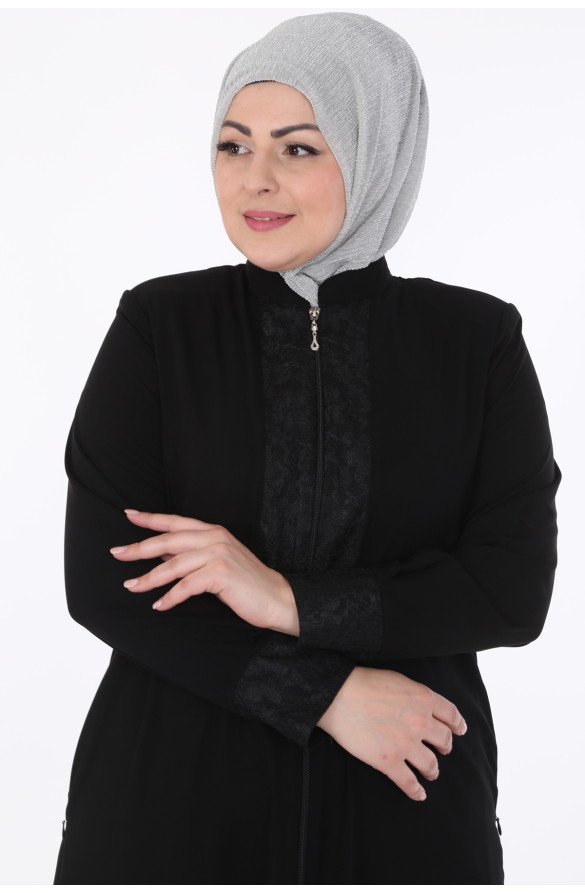Jamila Nakışlı Fermuarlı Kadın Ferace - SİYAH
