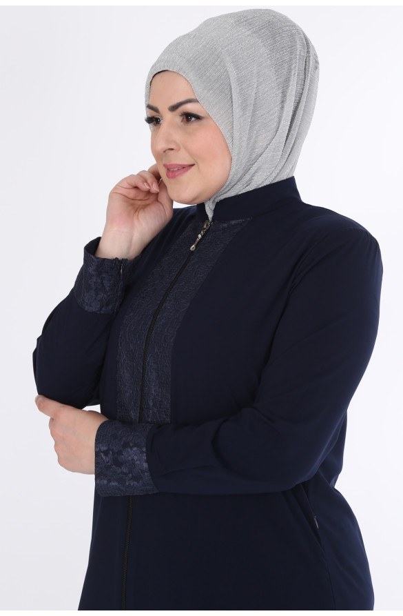 Jamila Nakışlı Fermuarlı Kadın Ferace - LACİVERT