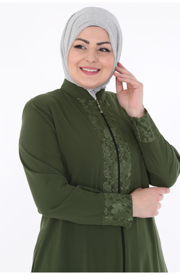 Jamila Nakışlı Fermuarlı Kadın Ferace - YEŞİL