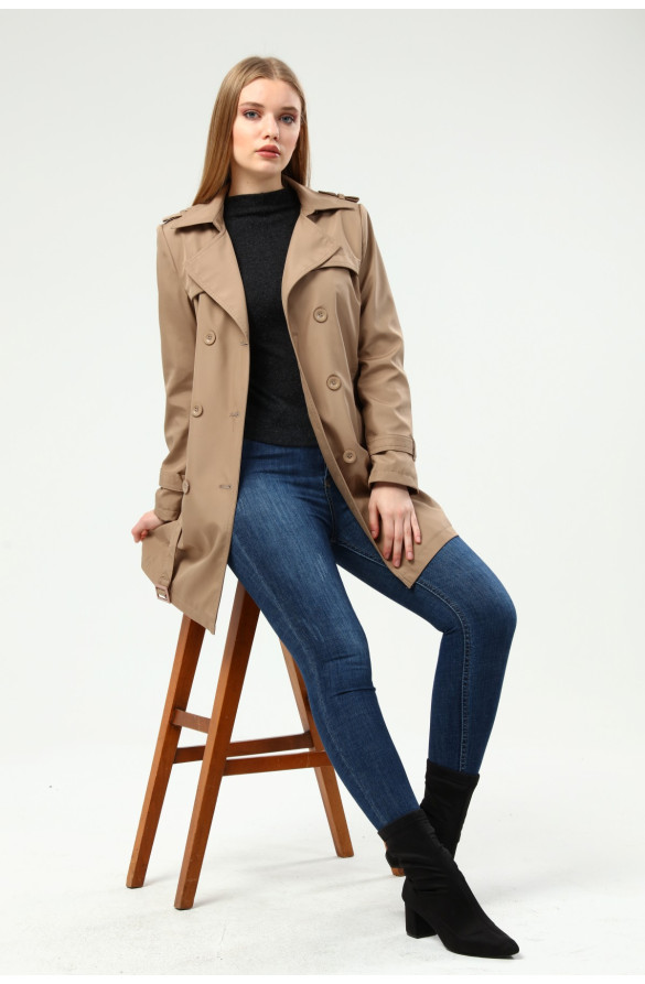 KADIN BÜYÜK BEDEN ASTARLI TRENÇKOT&KAP - VİZON