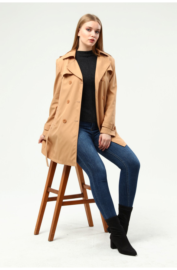 KADIN BÜYÜK BEDEN ASTARLI TRENÇKOT&KAP - KAMEL