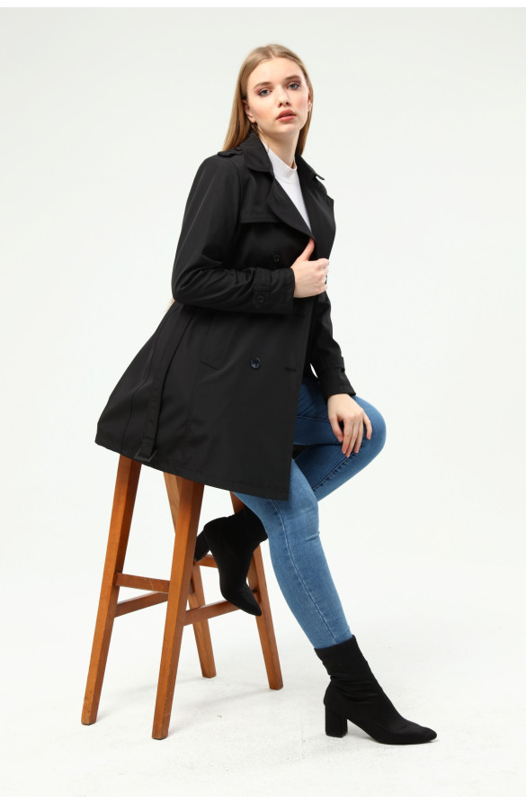 KADIN BÜYÜK BEDEN ASTARLI TRENÇKOT&KAP - SİYAH