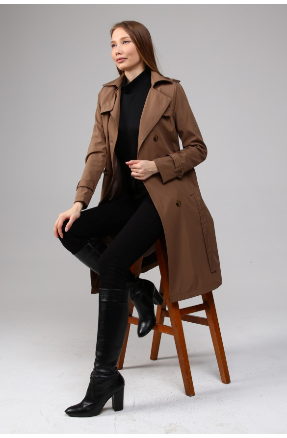 Jamila orta boy kadın astarlı trençkot - KOYU VİZON