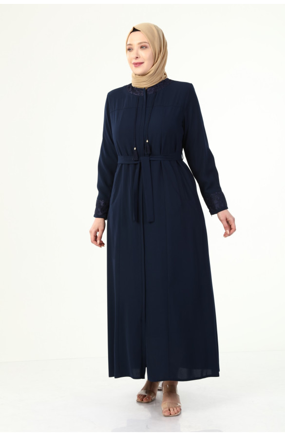 YAKASI VE KOLU DANTEL DETAYLI BÜYÜK BEDEN YAZLIK FERACE - LACİVERT